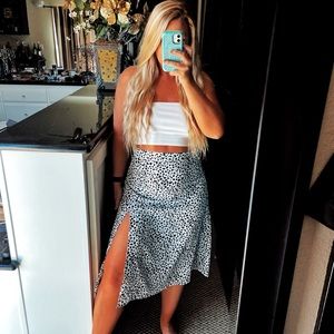 Black and white spotted leopard print high waisted side slit midi skirt